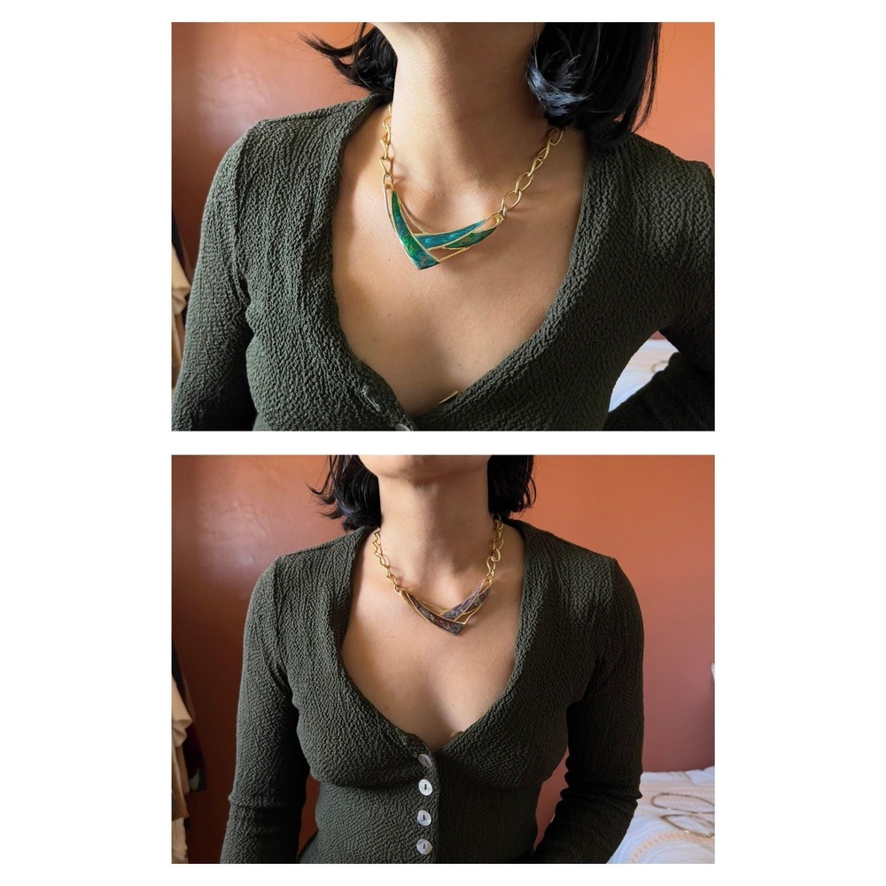set of 2 vintage enamel stripe necklaces gold tone chain link‎